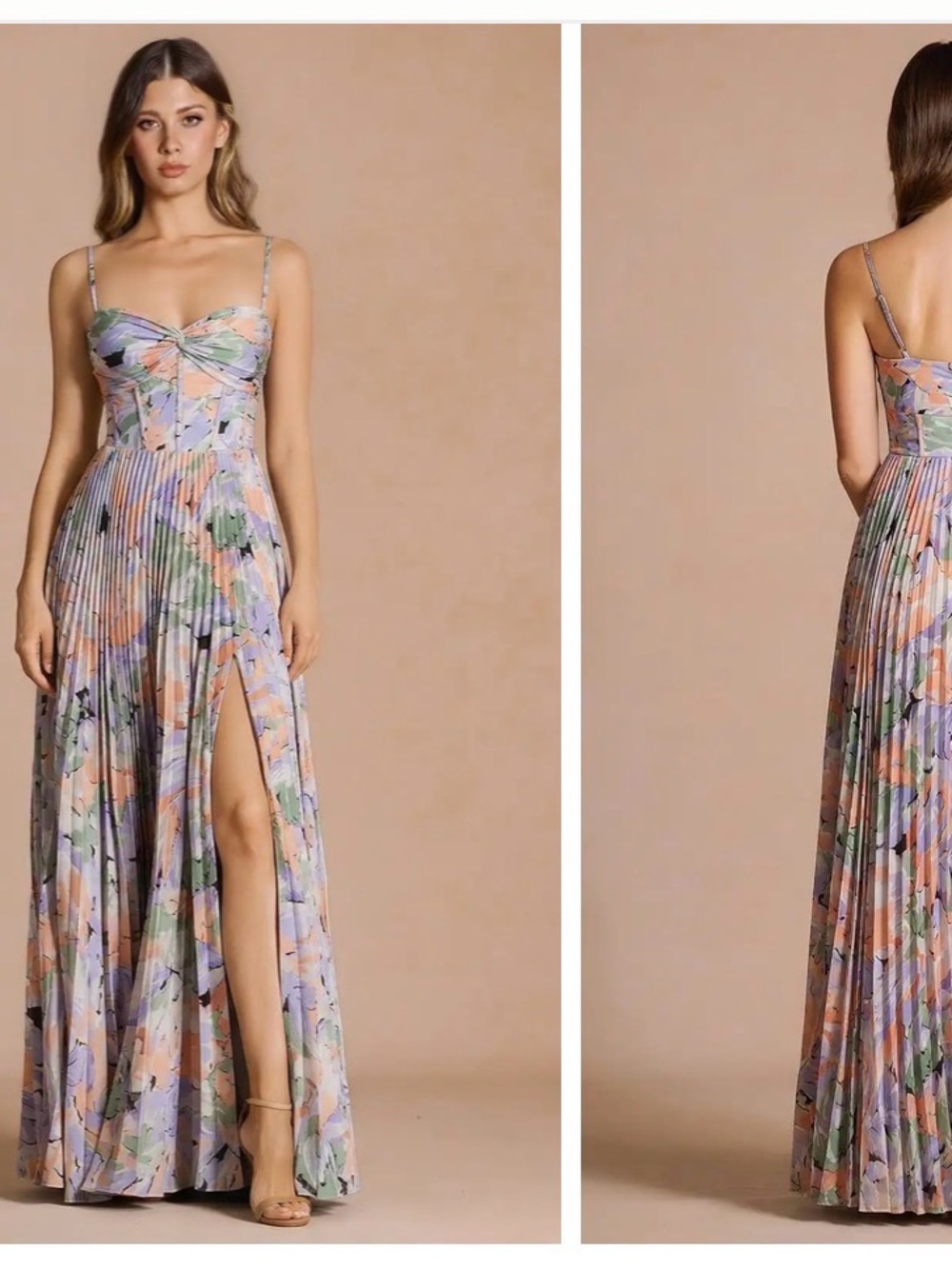 Azazie Purple & Green Pleated Maxi Dress